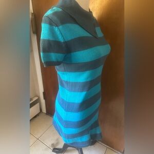 Route 66 SWEATER DRESS Aqua/Navy Striped Cotton Knit SS Collar JUNIOR  XL 14/16